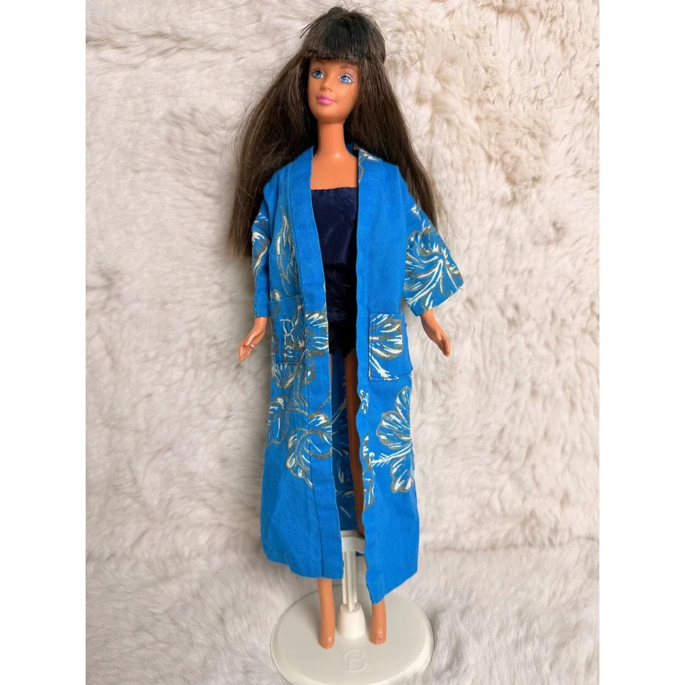Vintage 1960s Barbie Clone Blue Hibiscus Floral Doll Lounge Robe for 11.5 Inch